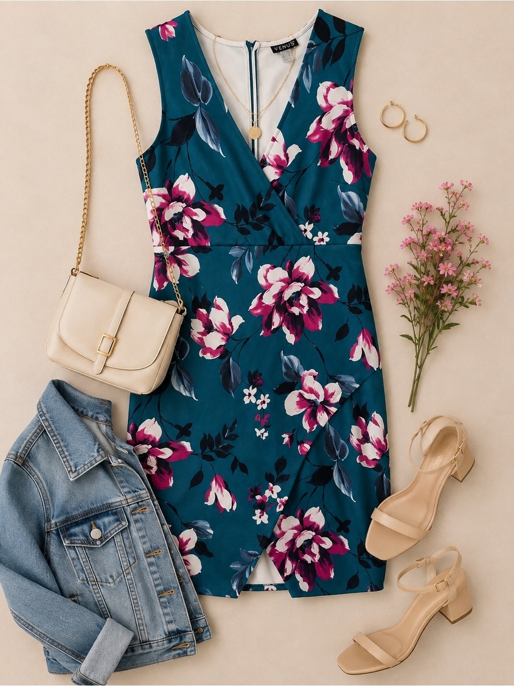 VENUS Teal and Pink Floral Midi Dress